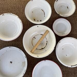 Vintage Enamel Bowl Lot Of 8 White Large Various Size Metal Serving Ware